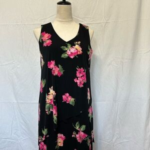 Susan Graver Petite Liquid Knit Sleeveless Tier Dress with Pink Floral Design